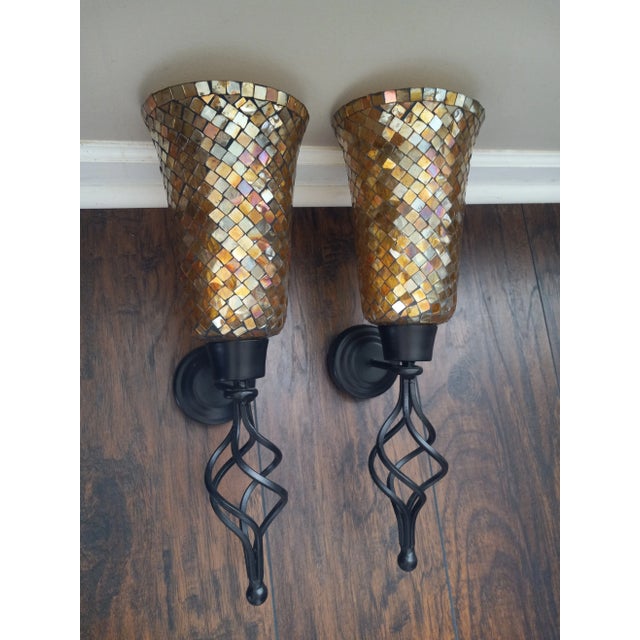 Lovely Set of 2 Wall Sconces Candle Holders / Mosaic Glass Metal Frame/ Wall Attachment Made in India These Sconces are in...