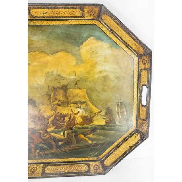 19th Century Finely Painted English or French Pontypool Toleware Tray With Naval Battle For Sale - Image 4 of 11