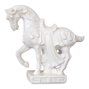 Vintage White Crackled Ceramic Tang Dynasty War Horse Figurine