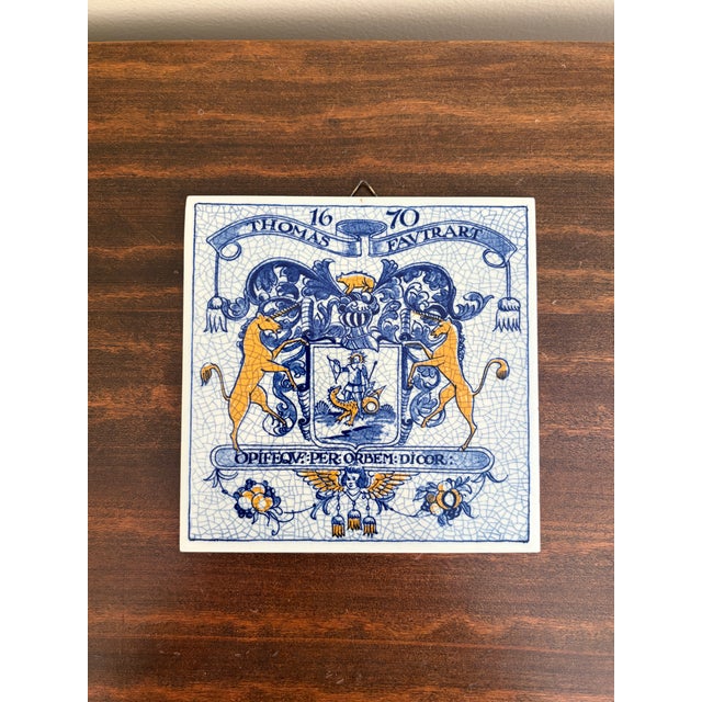 Ceramic Dutch Delft Blue and White Porcelain Tiles With Heraldic Coat of Arm, Set of 9 For Sale - Image 7 of 15