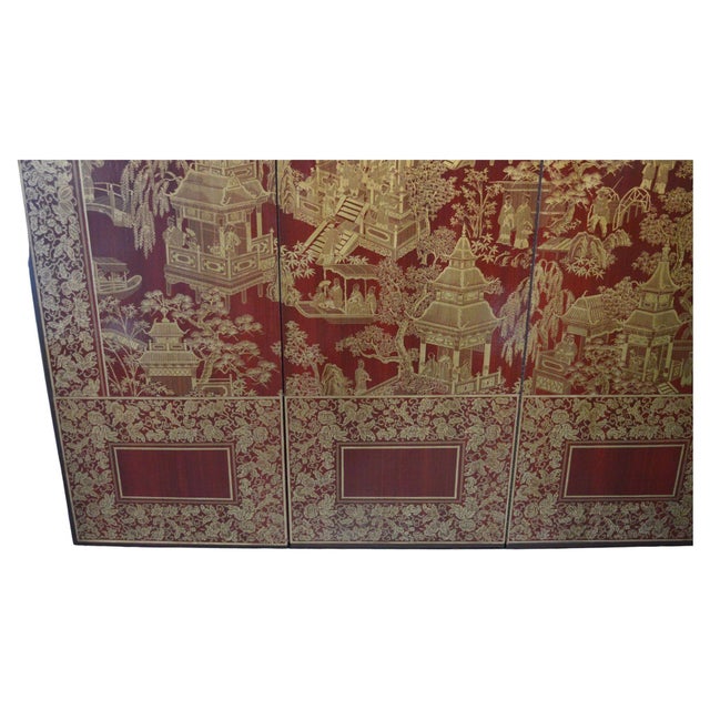 1980s 1980s Robert Crowder Four-Panel Chinoiserie Screen With Gold Leaf on Red Background For Sale - Image 5 of 8
