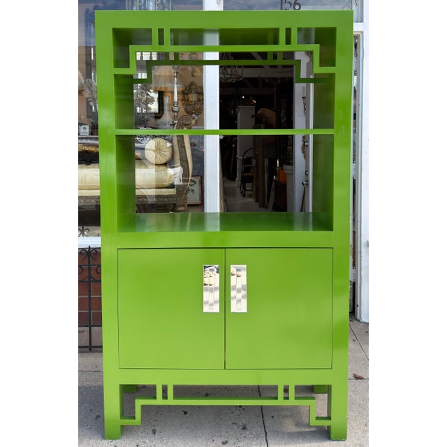 Modern Chartreuse Green Lacquer Bookcase Cabinet Etagere For Sale - Image 4 of 6