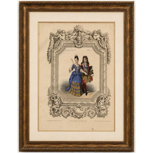 Title: louis xiv french court costume – royal couple, 1847 : a beautifully hand-colored french lithograph potentially...