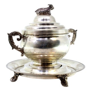 Silver Bonbon Jar on a Removable Plate with Goat-Shaped Knob Lid, Friezes and Raised Feet For Sale