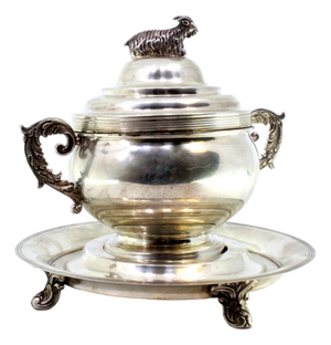 Silver Bonbon Jar on a Removable Plate with Goat-Shaped Knob Lid, Friezes and Raised Feet