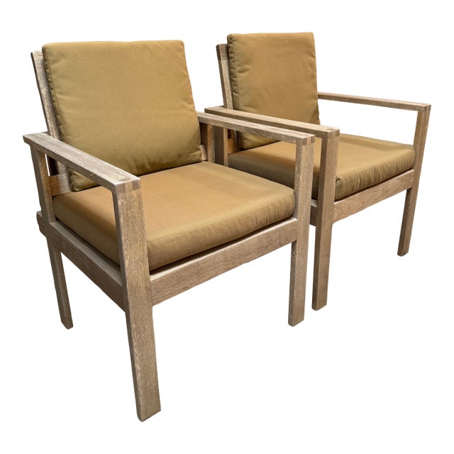 Williams-Sonoma Home Outdoor Teak Wood Arm Chairs, Pair For Sale