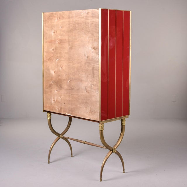 Tall Italian Mid Century Red Glass and Brass Bar Cabinet For Sale - Image 10 of 12