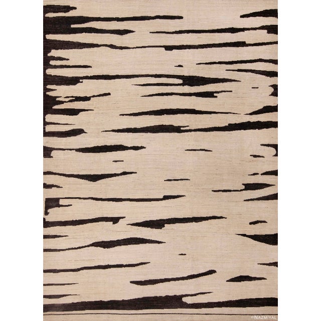 Nazmiyal Collection Handmade Cream Charcoal Brown Wool Modern Abstract Area Rug For Sale