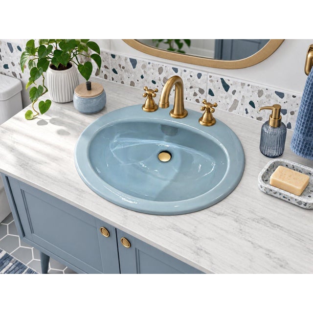 Mid 20th Century Vintage Briggs 6505 MCM Style Baby Blue Oval Ceramic Bathroom Sink For Sale - Image 5 of 5