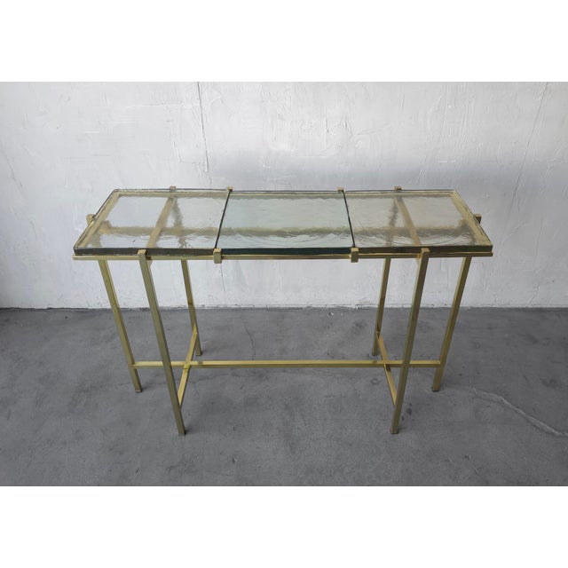 Pair of Bespoke Brass and Cast Glass Console Tables For Sale - Image 4 of 10