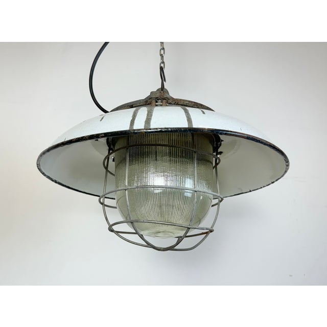 Industrial Grey Enamel Factory Cage Pendant Lamp in Cast Iron from Zaos, 1960s For Sale - Image 9 of 18