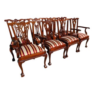 English Chippendale Style Carved Mahogany Ball & Claw Dining Chairs- Set of 8 For Sale