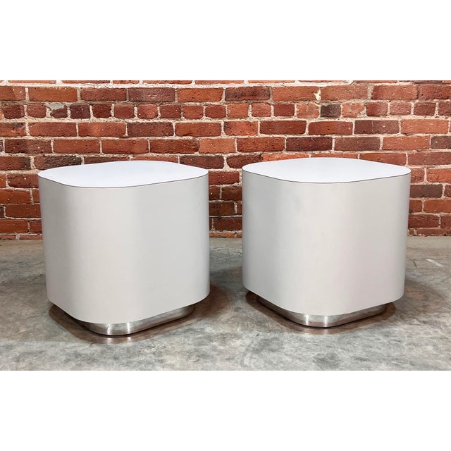 Late 20th Century Vintage 1980's Postmodern Light Gray Formica & Chrome Drum Side Tables - a Pair For Sale - Image 5 of 7