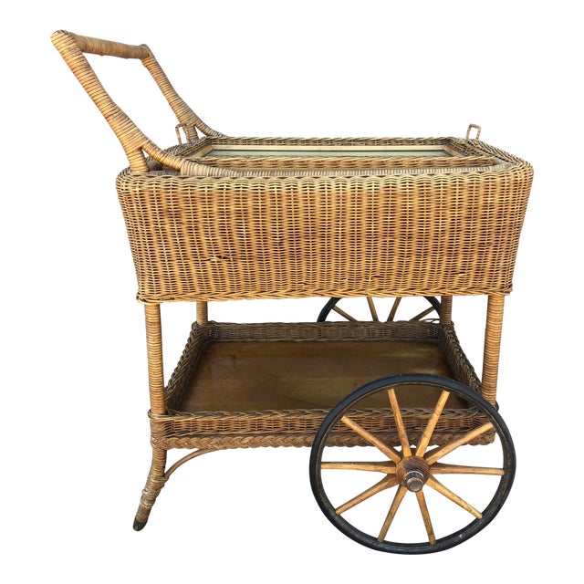 Early American Antique Wicker Tea Trolley/Bar Cart Chairish