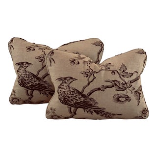 Designer Fabricut Chocolate Brown & Tan "Amacus Bird" Botanical French Country Toile Pillow Covers- Pair For Sale