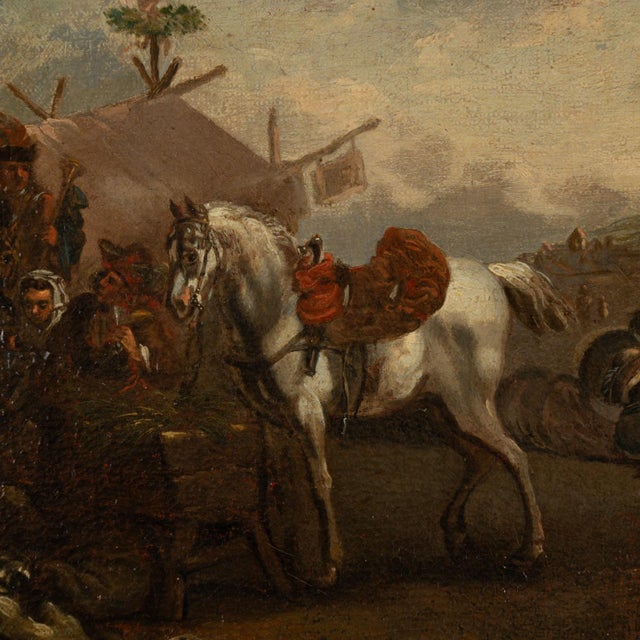 Wood Pair, Original Oil on Canvas Paintings of Calvary Soldiers Encampment, Austria Circa 1750 For Sale - Image 7 of 12