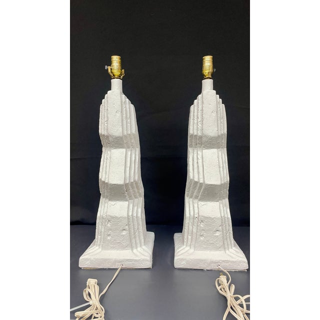 1980s 1980's Post Modern White Zig Zag Plaster Lamps by Ziggurat - A Pair For Sale - Image 5 of 12