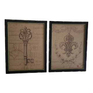 1990s Fleur-De-Lis & Ornamental Skeleton Key Burlap Canvas Prints - a Pair For Sale