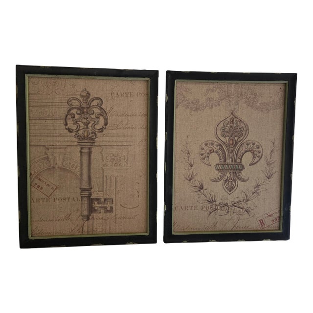 1990s Fleur-De-Lis & Ornamental Skeleton Key Burlap Canvas Prints - a Pair For Sale
