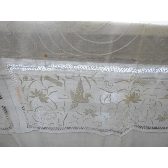 Antique Hand Embroidered Dragon Birds White Organza Tablecloth For Sale - Image 11 of 12