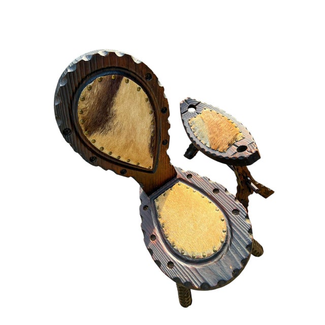 Set of Spanish Tripod Birthing Chair and Ottoman with Goatskin, 1960s For Sale - Image 6 of 12