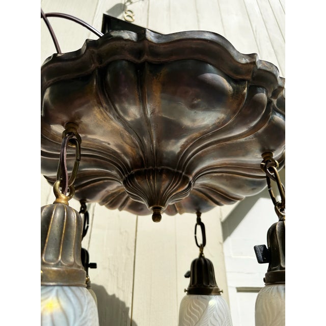 1920s Vintage Sheffield Flushmount Fixture With Lundberg Art Glass Shades For Sale - Image 5 of 7