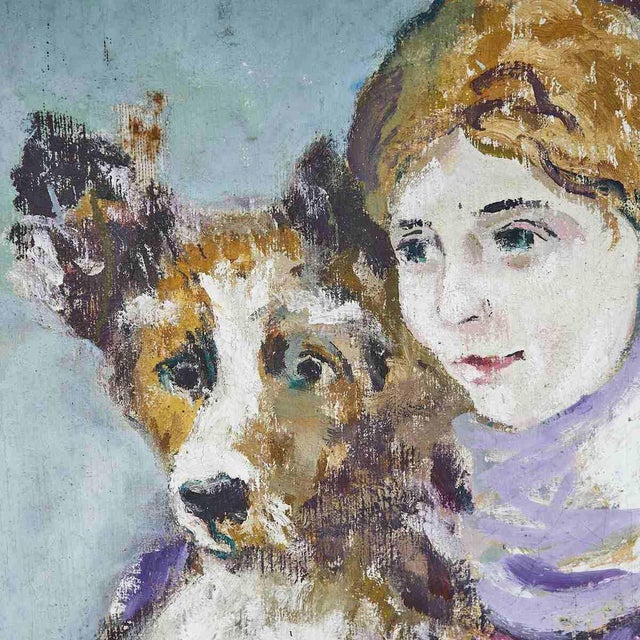 Vintage Oil on Canvas "Girl with Dog"