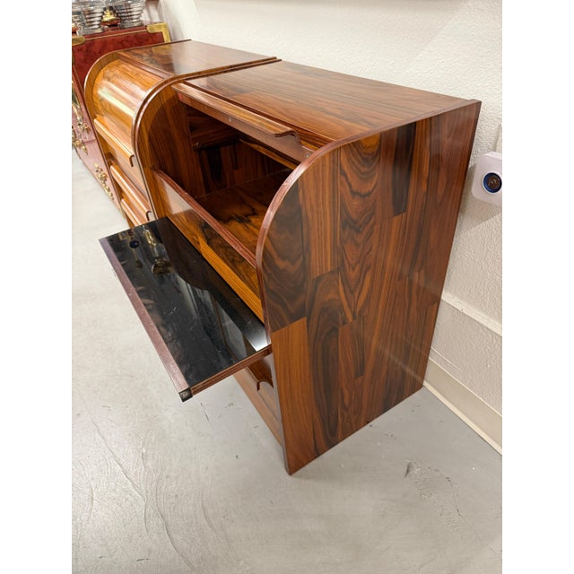 Brown Pair of Rolltop Patchwork Rosewood Nightstands w/ Pull Out Shelf For Sale - Image 8 of 12