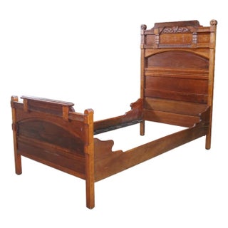 Antique Victorian Eastlake Walnut Burl Spoon Carved Highback Twin Size Bed For Sale