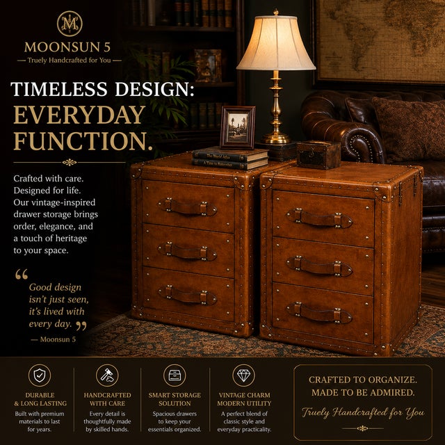 Luxury Handmade Leather Bedside Tables, Pair of Vintage Trunk Nightstands, Tan Leather 3 Drawer Bedside Cabinets With Brass Studs For Sale - Image 6 of 12