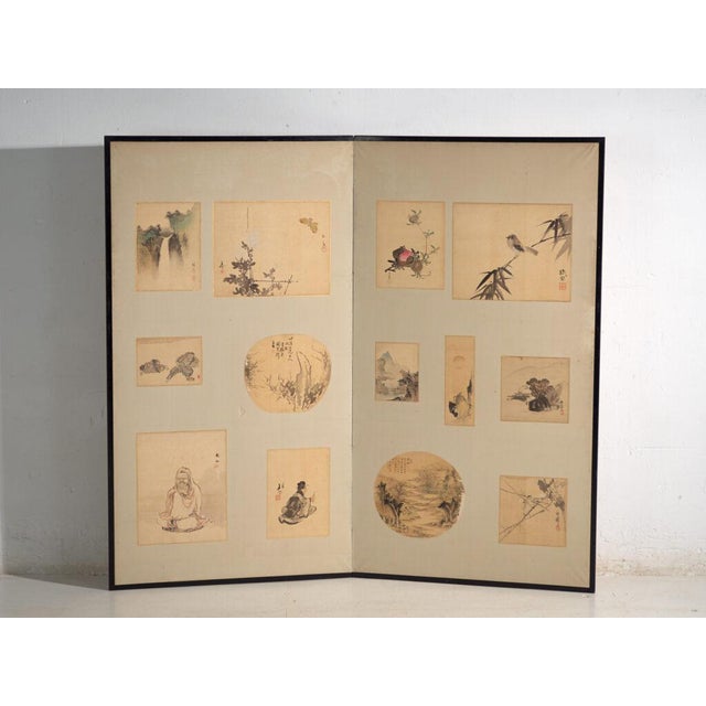 Antique Japanese Two-Panel Screen with Mounted Paintings, Japan, 1900 For Sale - Image 4 of 10