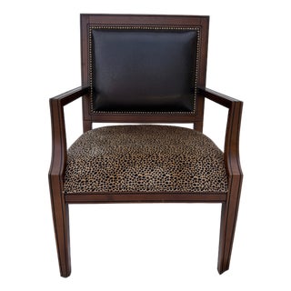 90's Timeless Leopard Print Black Faux Leather Back Mahogany Arm Chair For Sale