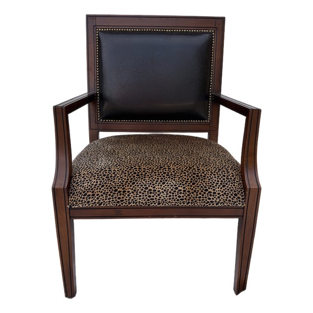 90's Timeless Leopard Print Black Faux Leather Back Mahogany Arm Chair For Sale