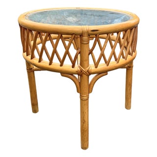 Vintage Bamboo Round Glass Top Table End Side or Accent Table For Sale
