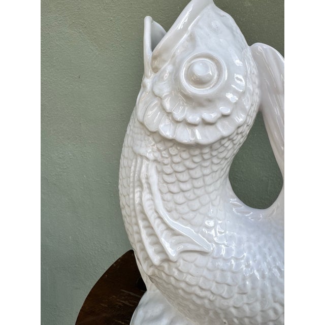White Vintage Bordallo Pinheiro Portuguese Ceramic Koi Fish Pitcher Vase — Tropical Decor For Sale - Image 8 of 9