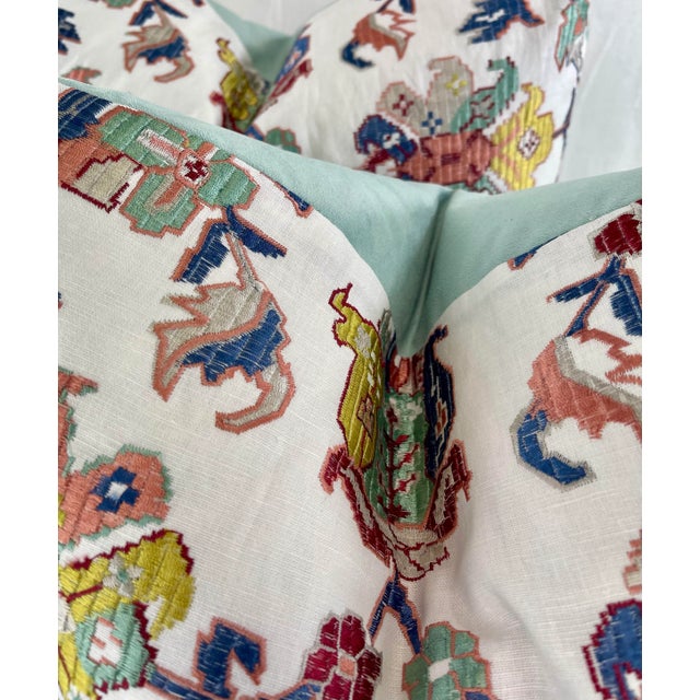 Custom pair of 22" pillows covered in Jane Churchill "Animal Tapestry" embroidered linen and backed in a coordinating,...