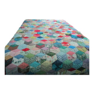 Vintage Tumbling Block Patchwork Quilt Mid Century Hand Quilted Vibrant Color For Sale