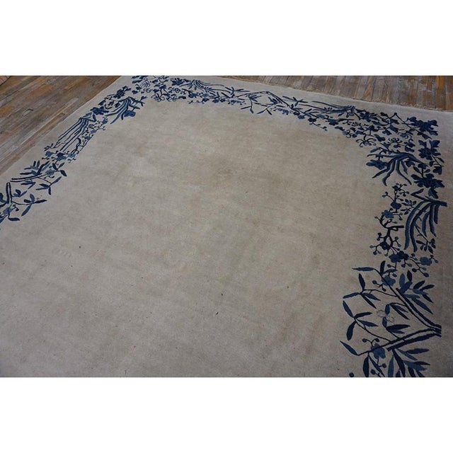 Art Deco 1920s Beige Solid Open Field Floral Antique Chinese Peking Room Size Knotted Rug For Sale - Image 3 of 9
