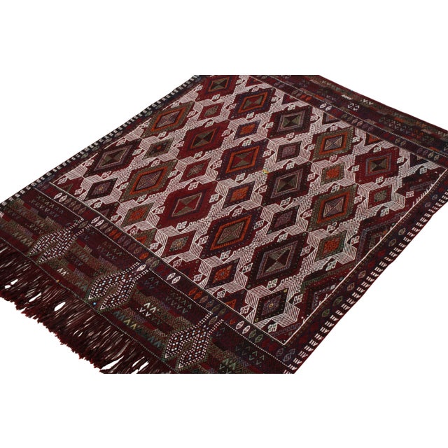 Tribal 1950s Vintage Handwoven Kilim Rug in Red, White, Multicolor Embroidered Diamonds For Sale - Image 3 of 6