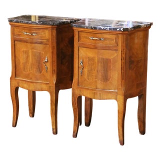 Pair of 19th Century French Louis XV Inlaid Walnut Marble-Top Bedside Tables For Sale