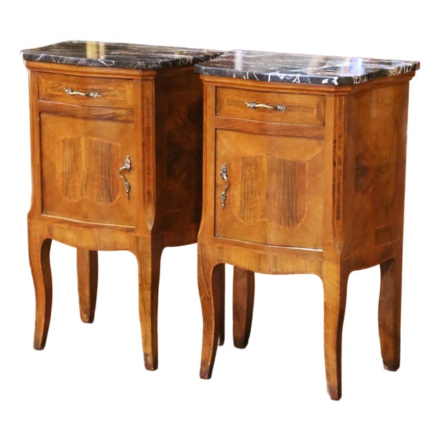 Pair of 19th Century French Louis XV Inlaid Walnut Marble-Top Bedside Tables For Sale