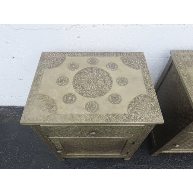Late 20th Century Embossed Metal Overlay End Tables Nightstands a Pair 6674 For Sale - Image 5 of 18