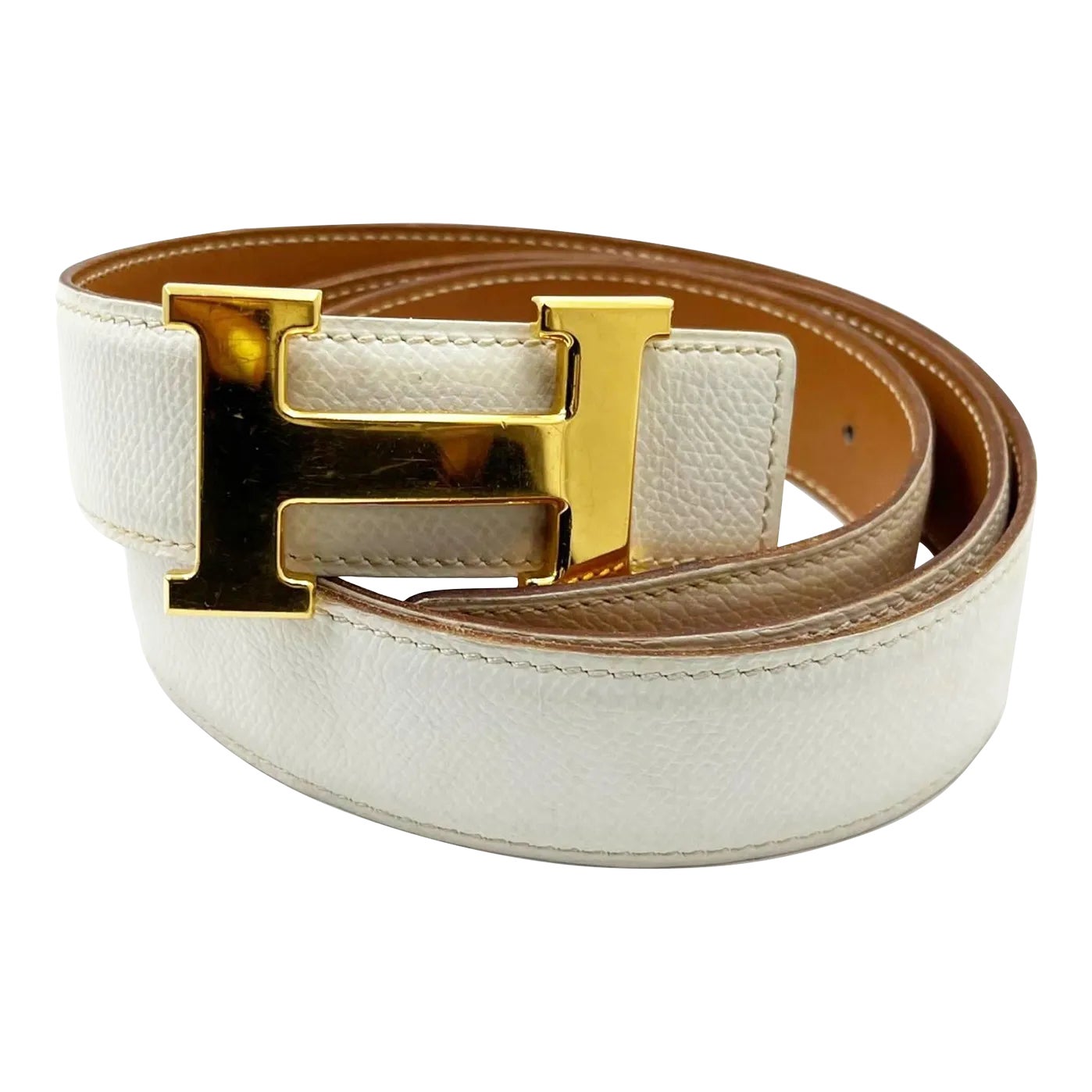 Hermes Constance 32mm Gold H White Grain Brown Reversible Belt