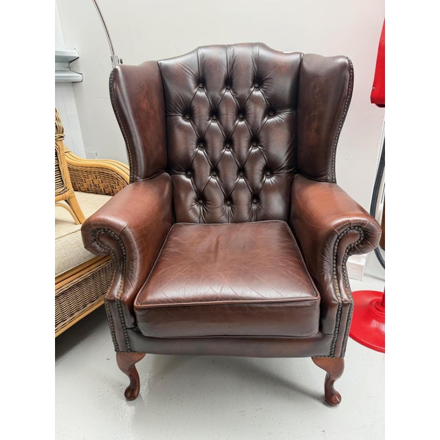 Brown Leather Wing Chair, 1980s For Sale - Image 6 of 6