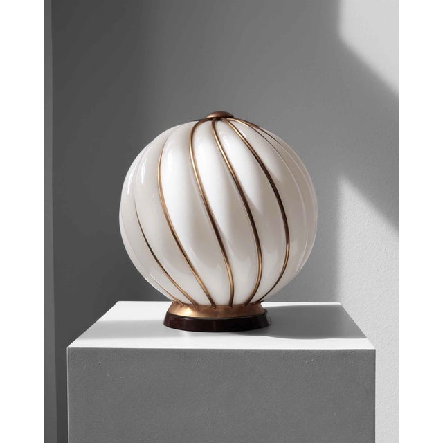 Vintage Murano glass table lamp with spiral brass cage, design by VeArt and inspired by work of Adolf Loos. Hand blown...