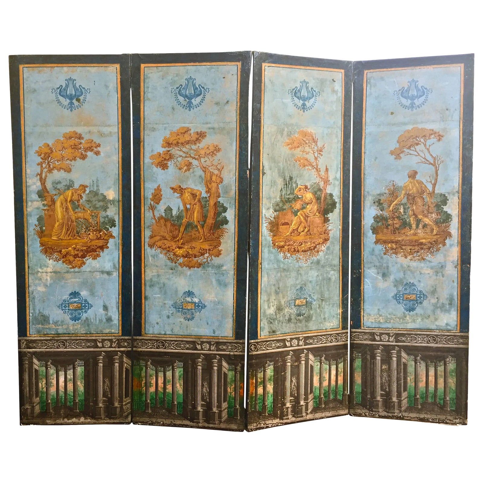 Period French Empire Neoclassical Wallpaper Screen by Zuber of Dufour