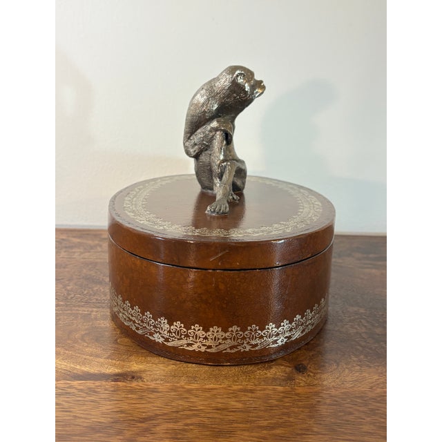 1980s Vintage Leather Decorative Box Attributed to Maitland Smith With Metal Monkey For Sale - Image 5 of 9