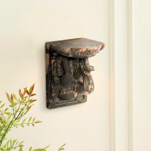 Farmhouse Vintage Elephant Carved Corbel Rustic Ranch Style Wall Sconce Shelf For Sale - Image 3 of 3