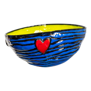 Large Hand Made Blue Black Striped Coil Ceramic Bowl With Cherry Red Heart