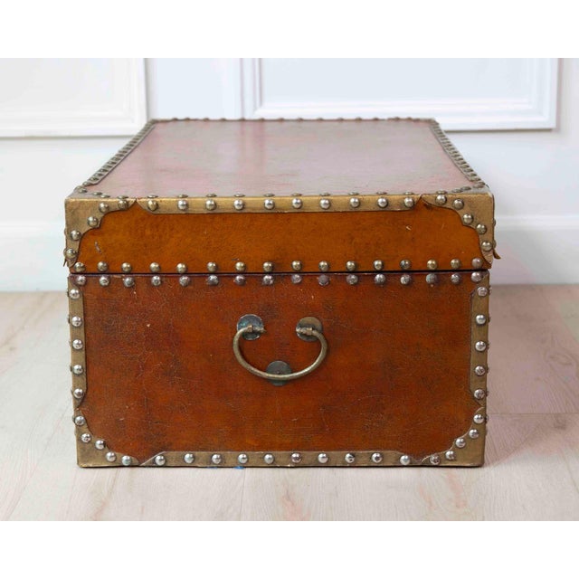 Brown French 19th Century Leather-Lined Trunk with Brass Studs For Sale - Image 8 of 9